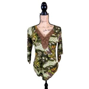 Vintage B. Moss Blouse Top Shirt Juniors Size L - Bandana Hem Green Crochet Trim